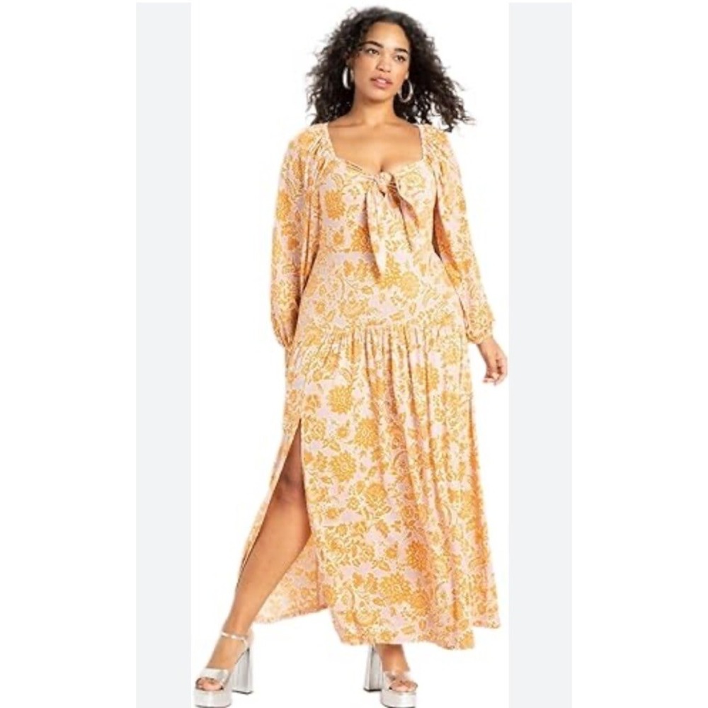 ELOQUII ELEMENTS Pink Tan Floral Puff Long Sleeve Maxi Dress 14 New